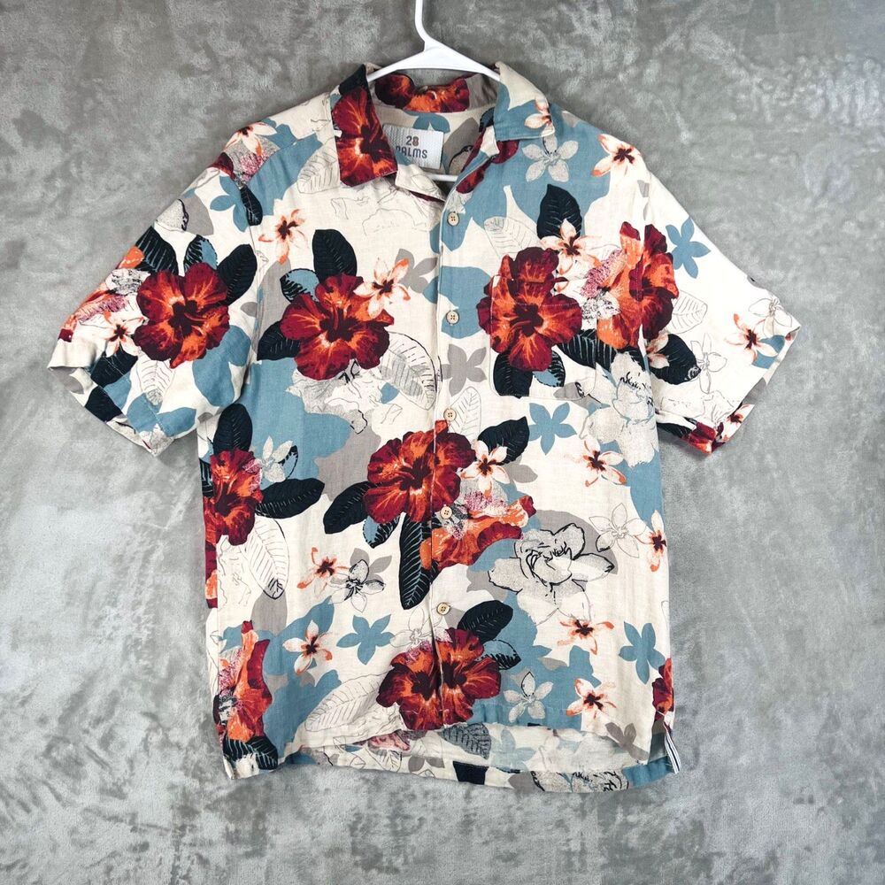 28 Palms Hawaiian Camp Shirt Mens Small Silk Linen Blend Floral Tropical Blouse